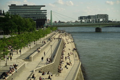 High angle view of bridge over river, cologne, germany