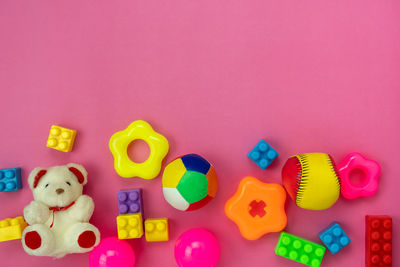 Close-up of toys against blue background
