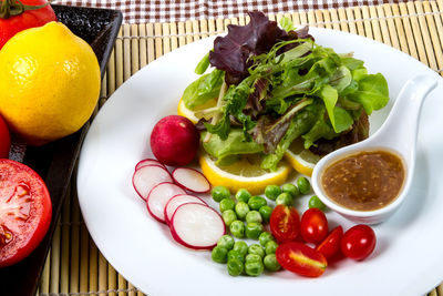 High angle view of salad in plate on table