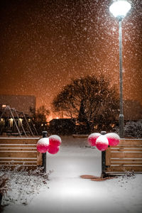 View of people on snow covered landscape at night
