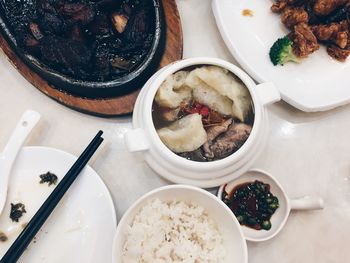 Close-up of food served on table