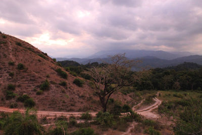 Scenic view of mountains against sky during sunset