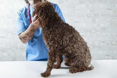 Side view of man with dog standing against white background