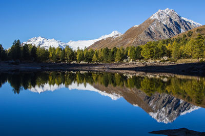 Scenic view of lago di val viola lake against mountains