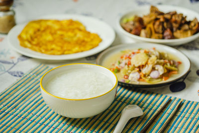 High angle view of food served on table