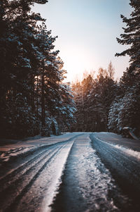 Empty road amidst snow covered trees against sky during sunset