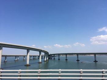 Bridge over sea against blue sky