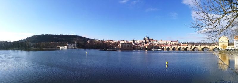 Scenic view of river against blue sky