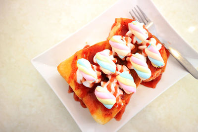 High angle view of dessert in plate on table