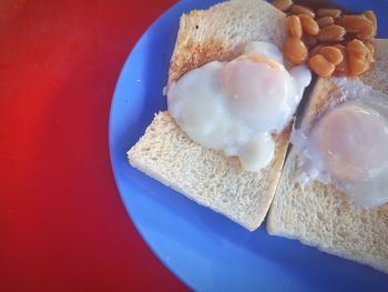 High angle view of breakfast served on table