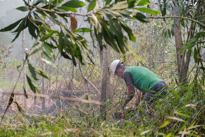 Side view of a man on field in forest