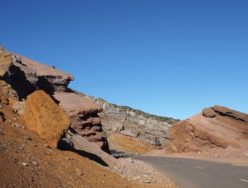 Rock formations on landscape against clear blue sky