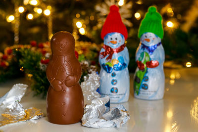 Close-up of christmas decorations on table