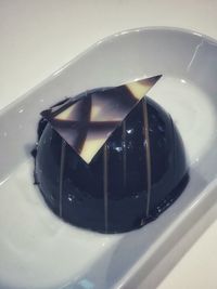 High angle view of chocolate cake in plate