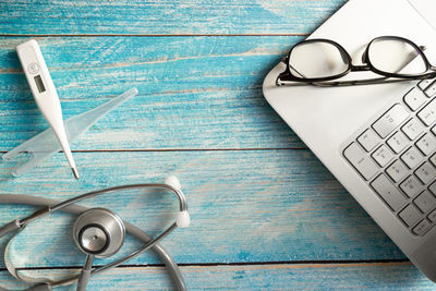 High angle view of eyeglasses on table