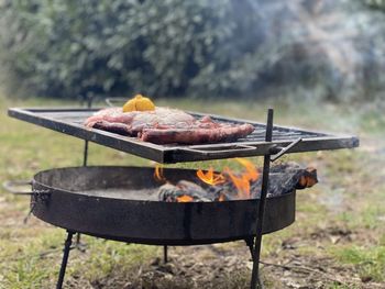 Close-up of meat on barbecue grill