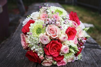 High angle view of rose bouquet on table