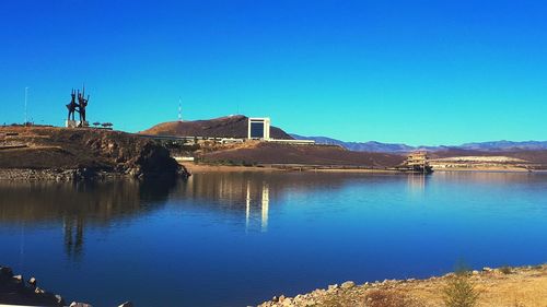 Scenic view of lake against clear blue sky