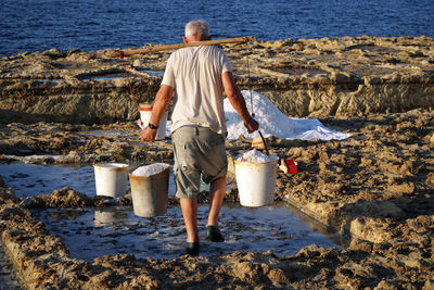 Rear view of man standing on rock at beach