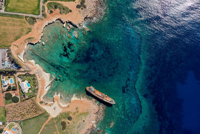 High angle view of boats on beach