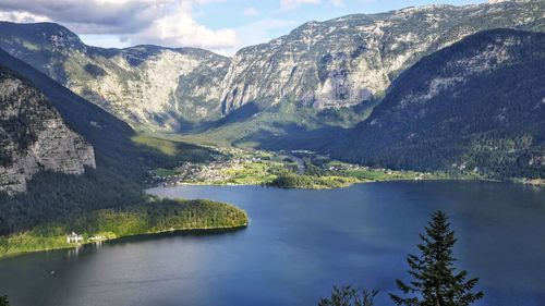 Scenic view of lake and mountains against sky