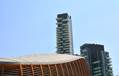 Low angle view of modern building against clear sky