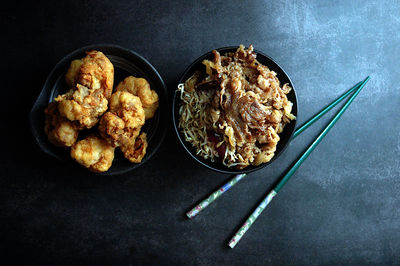 High angle view of japanese food served on table