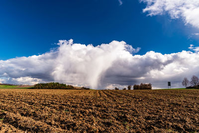 Panoramic view of agricultural field against sky