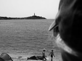 Rear view of men standing on beach