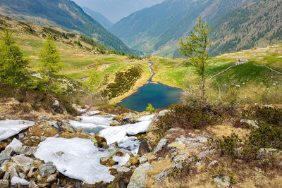 Scenic view of river amidst mountains