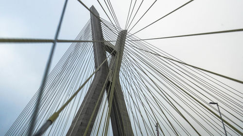 Low angle view of suspension bridge against clear sky