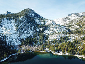 Scenic view of lake by snowcapped mountains against sky