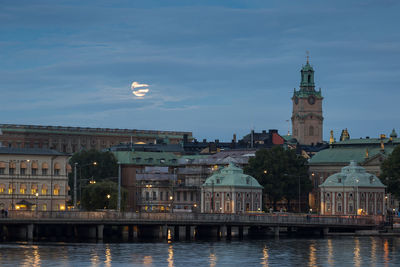 River by buildings in city