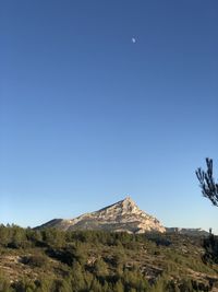 Scenic view of rocky mountains against clear blue sky