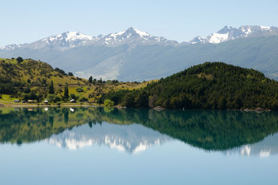 Scenic view of lake and mountains against sky