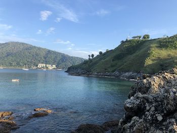 Scenic view of bay against sky