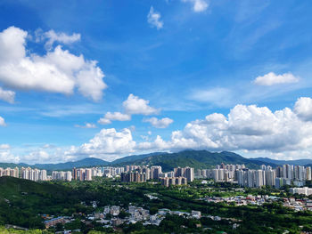 Panoramic view of buildings in city against sky