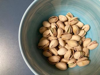 High angle view of eggs in bowl on table
