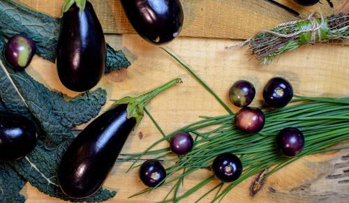 High angle view of fruits on cutting board