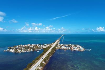 Aerial view of sea against blue sky