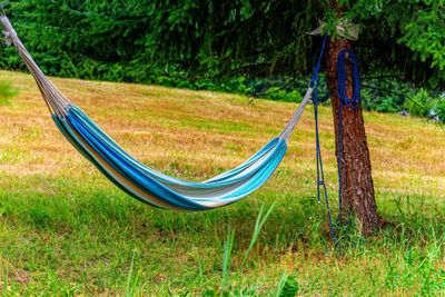 Close-up of swing hanging on tree trunk in field