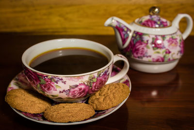 Close-up of tea cup on table