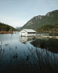 Scenic view of lake and mountains against clear sky