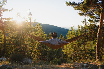 Back view of unrecognizable male in hat lying in hammock while resting in forest with green trees on sunny summer day