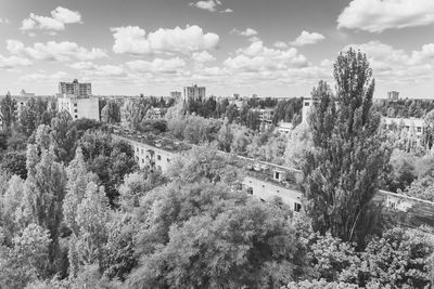 High angle view of buildings in forest