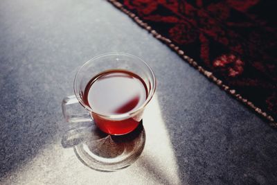 High angle view of coffee cup on table
