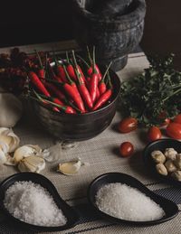 Various fruits in bowl on table