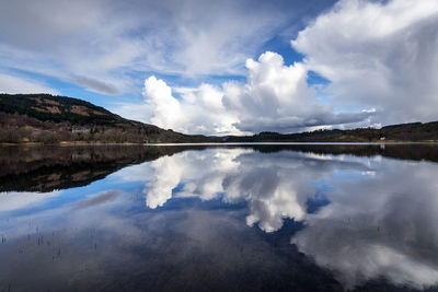 Scenic view of lake against cloudy sky