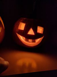 Close-up of illuminated pumpkin at night