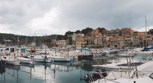 Sailboats moored at harbor